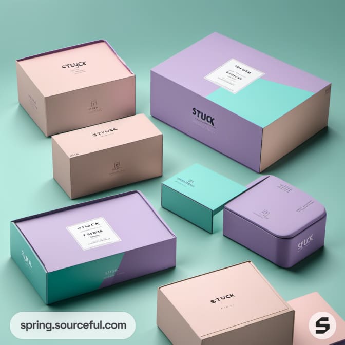 Assorted pastel mailer boxes on mint background.