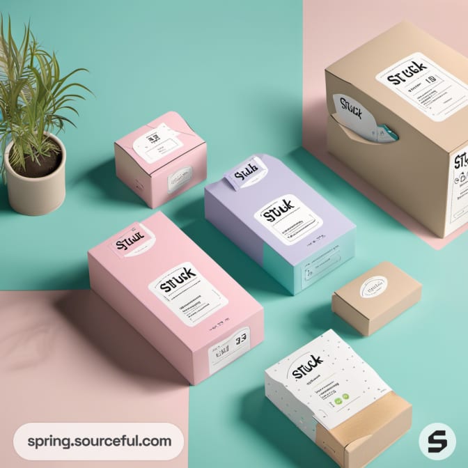 Colorful mailer boxes with a potted plant.