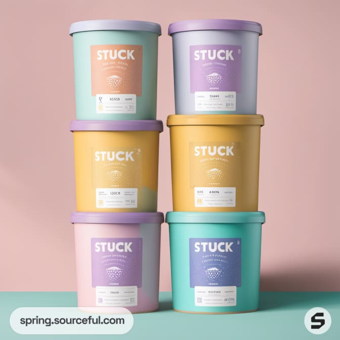 Stacked pastel ice cream tubs on pink background.