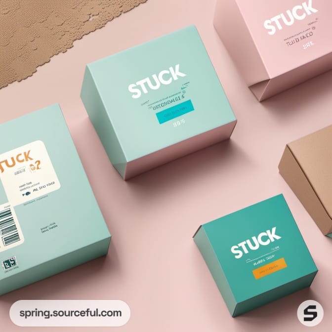 Close-up of pastel boxes on layered background.