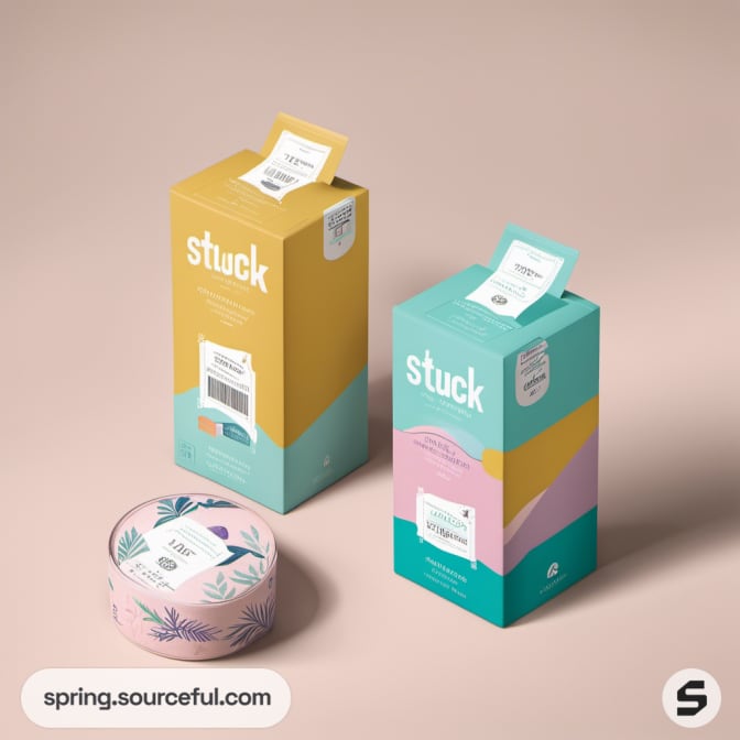 Two colorful pasteboard boxes with round container.