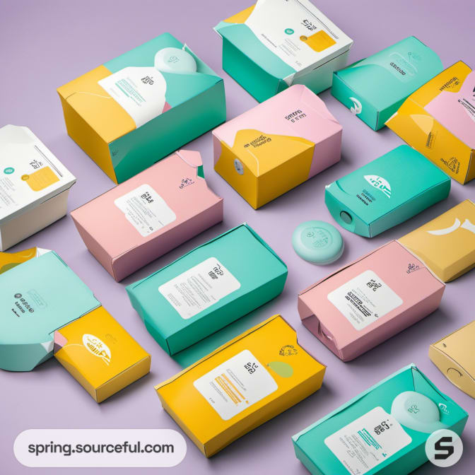 Various pastel packages arranged on lavender.