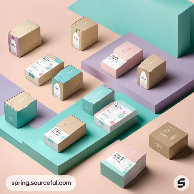Pastel boxes arranged on color-blocked surfaces.