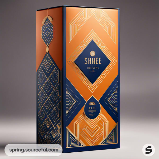 Geometric-patterned box with orange and navy blue design, featuring diamond shapes and elegant detailing.