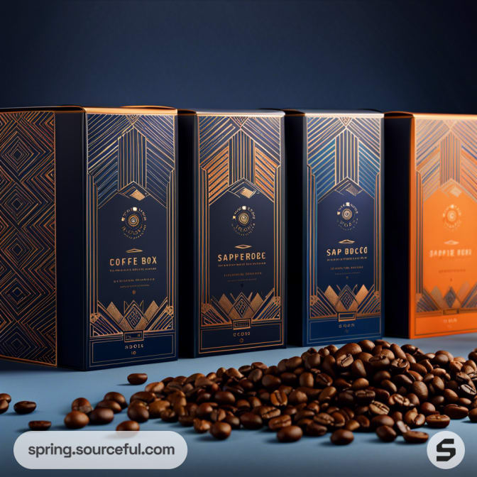 Geometric coffee packaging with coffee beans scattered in front, featuring bold metallic patterns on a dark background.
