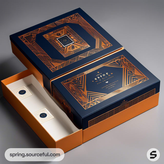 Luxury navy and orange box with geometric gold designs, featuring two small compartments for items.
