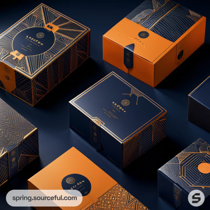 Elegant boxes with intricate gold and navy geometric patterns on navy and orange backgrounds.