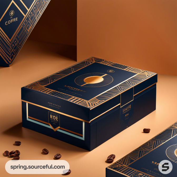 Navy and gold coffee box with elegant pattern, surrounded by coffee beans on a warm-toned surface.