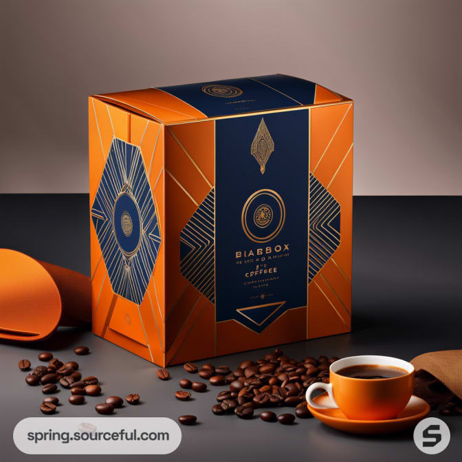 Orange and navy coffee box surrounded by coffee beans and cup.
