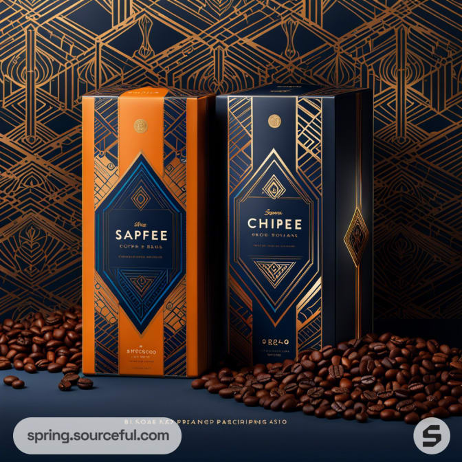 Two elegant coffee boxes with geometric designs, one in orange and gold, the other in navy and gold, surrounded by coffee beans.