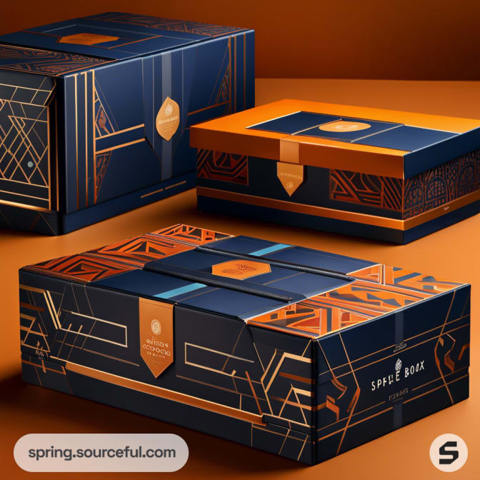 Navy and orange elegant boxes with geometric gold accents on a warm-toned background.
