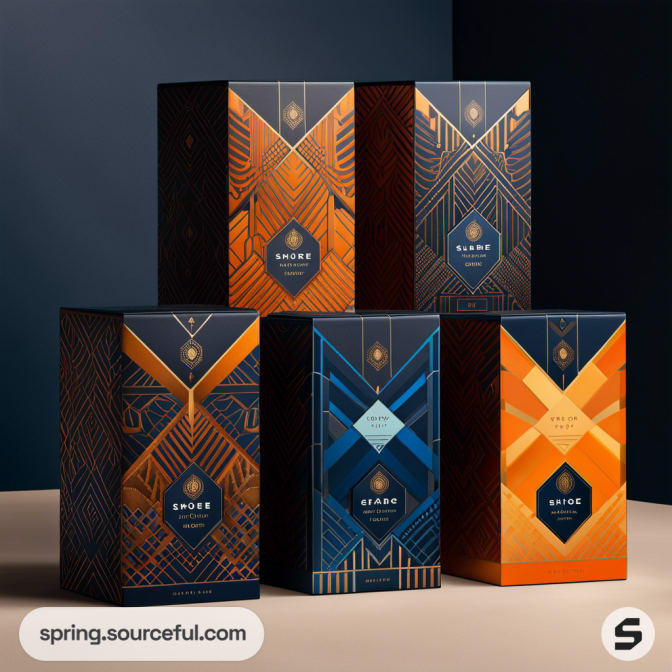 Elegant boxes with geometric patterns and rich colors including navy, orange, and gold on a dark background.