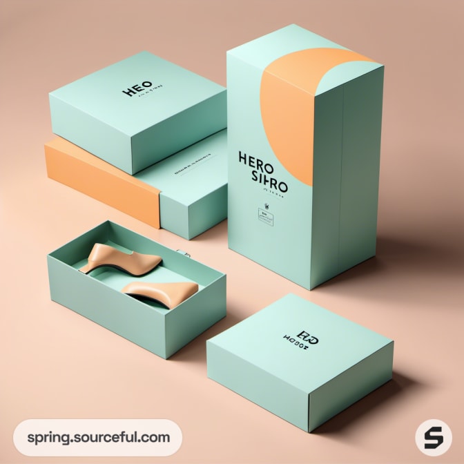 Mint and orange stacked boxes with shoe placeholders.