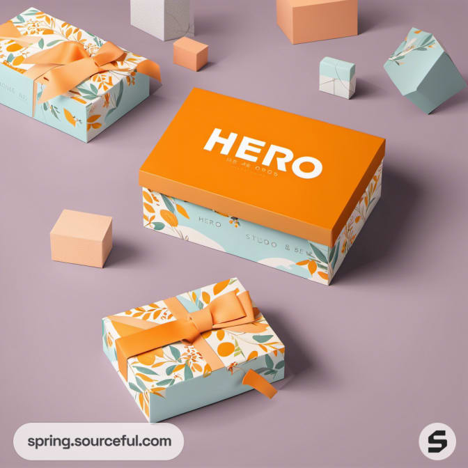 Orange gift box with floral design and ribbon.