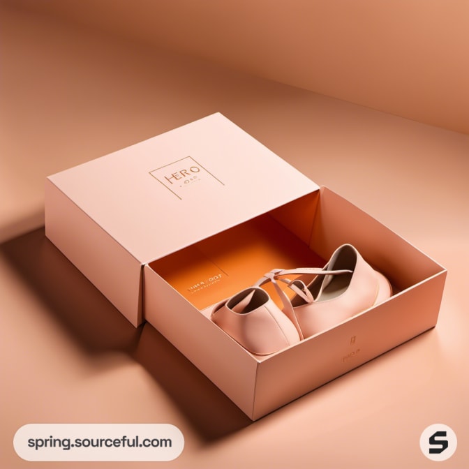Peach box with shoes partially opened.
