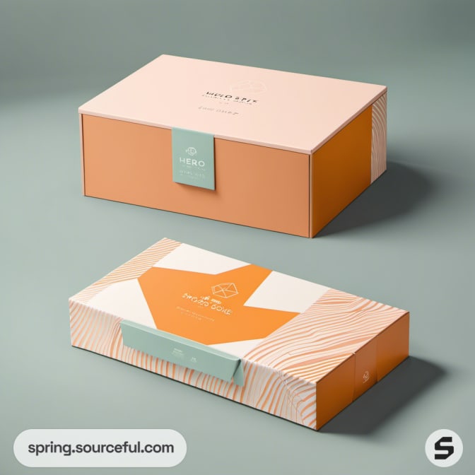 Orange and mint boxes with leaf design tag.