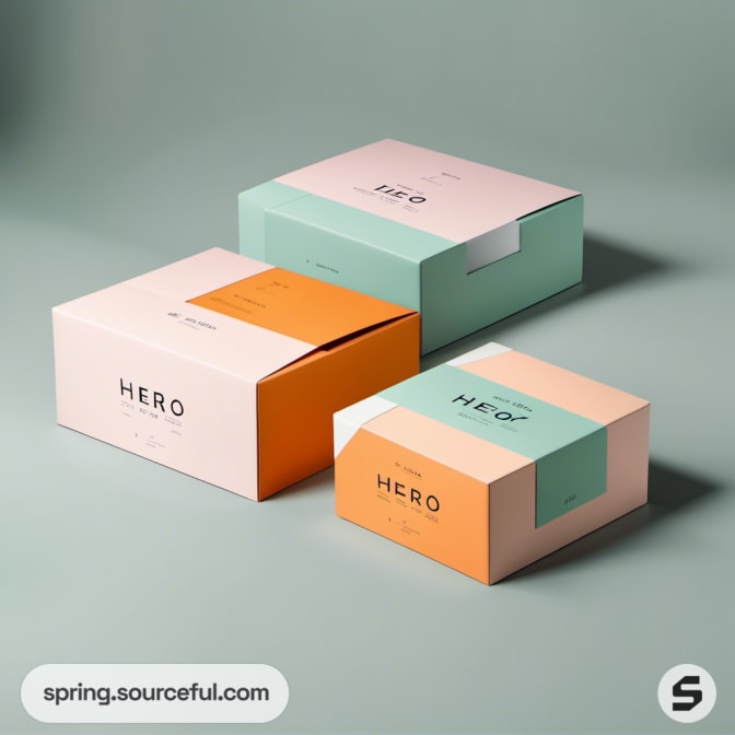Three stacked boxes in mint, orange, and cream.