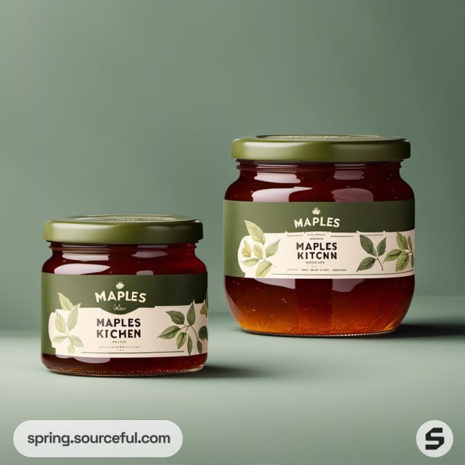 Two glass jars with dark green labels, filled with amber liquid, on a green background.