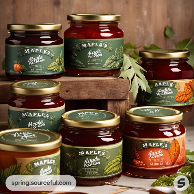 Assorted glass jars of fruit preserves with green labels, displayed on wooden surfaces.