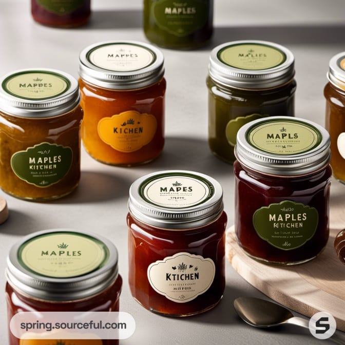 Various small jars of fruit preserves with green and orange labels, on a gray surface.