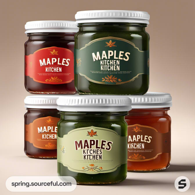Four glass jars with different colored preserves and varied label designs, on a beige background.