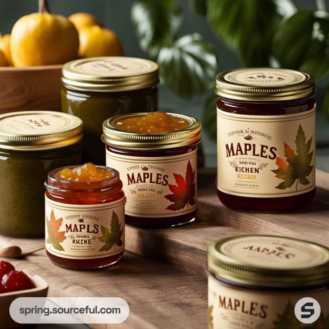 Assorted jars of preserves with leaf designs on the labels, set on a wooden table.