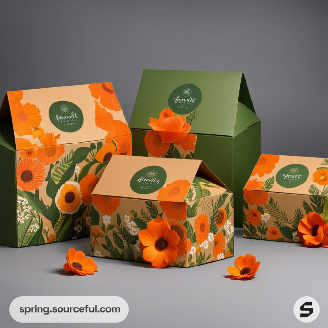 Green and orange floral-patterned gift boxes with poppy designs against a gray background.