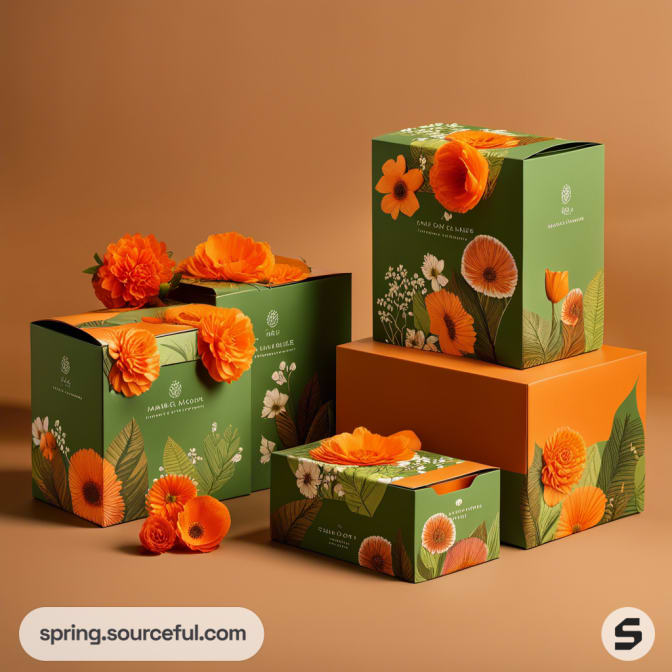 Floral-themed green and orange mailer boxes with orange flowers and leaves on a brown background.