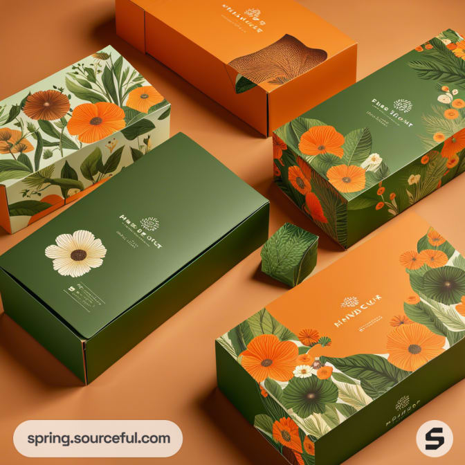 Green and orange floral mailer boxes with botanical patterns on a warm-toned background.