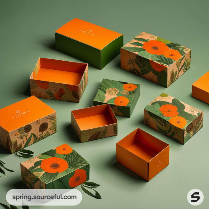 Colorful floral-patterned packaging boxes arranged on a green surface.