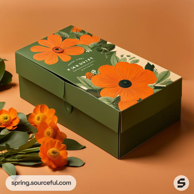 Green box with floral design featuring large orange flowers and leaves on a brown background.