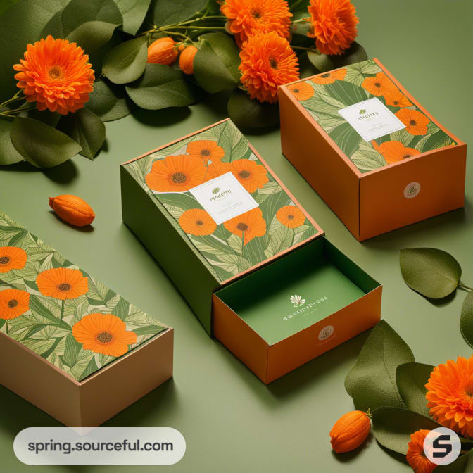 Floral-patterned drawer boxes with orange flowers on a green background, surrounded by matching flowers and leaves.