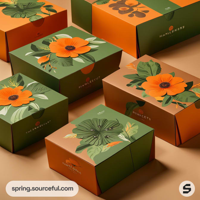 Decorative floral cardboard boxes in green and orange hues.