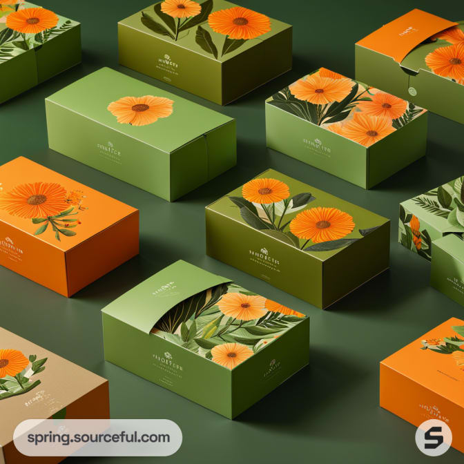 Multiple colorful rectangular boxes with orange floral designs on green and orange backgrounds.