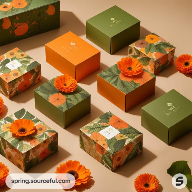Floral-themed gift boxes in green and orange with decorative flowers on beige background.