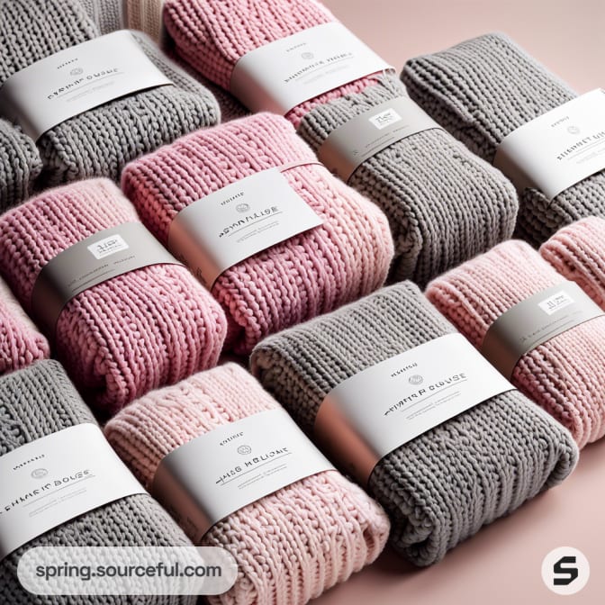 Multiple soft pink and grey knitted blankets with labels.