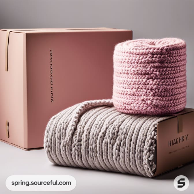 Pink and grey knitted rolls beside brown boxes.