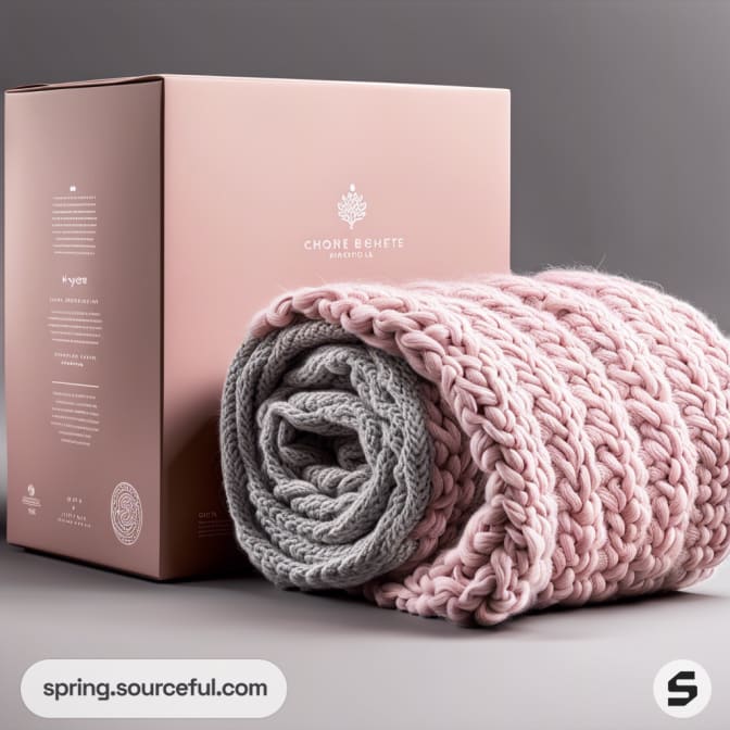 Pink and grey knitted blanket rolled near a box.