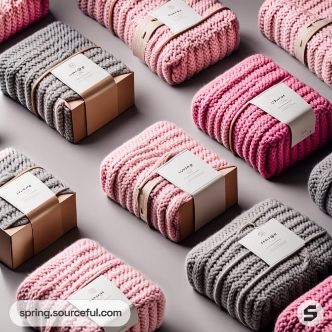 Rows of pink and grey knitted blankets tied with labels.