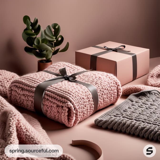 Pink blanket set with plant, black ribbons, and box.