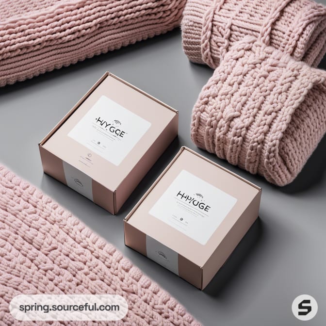 Pink knitted blankets and two boxes on gray background.