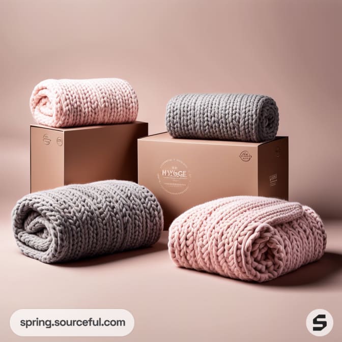 Rolled pink and grey blankets stacked on brown boxes.