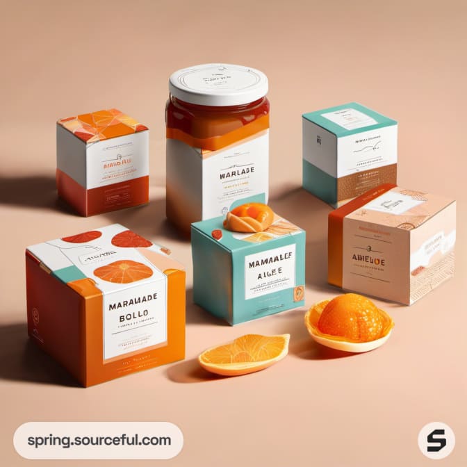 Assorted packaged marmalade products with colorful boxes and jars on a beige background.