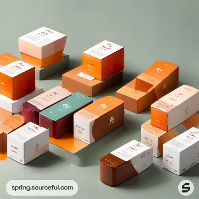 Stack of various rectangular packages in warm tones on a green surface.