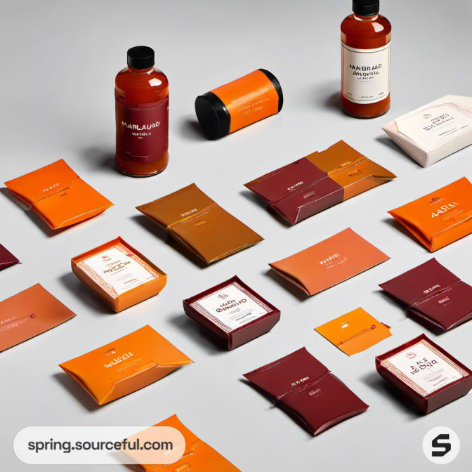 Assorted marmalade products with vibrant packaging, including bottles and sachets.