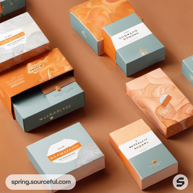 Stylish marmalade boxes with orange and teal designs on a brown background.