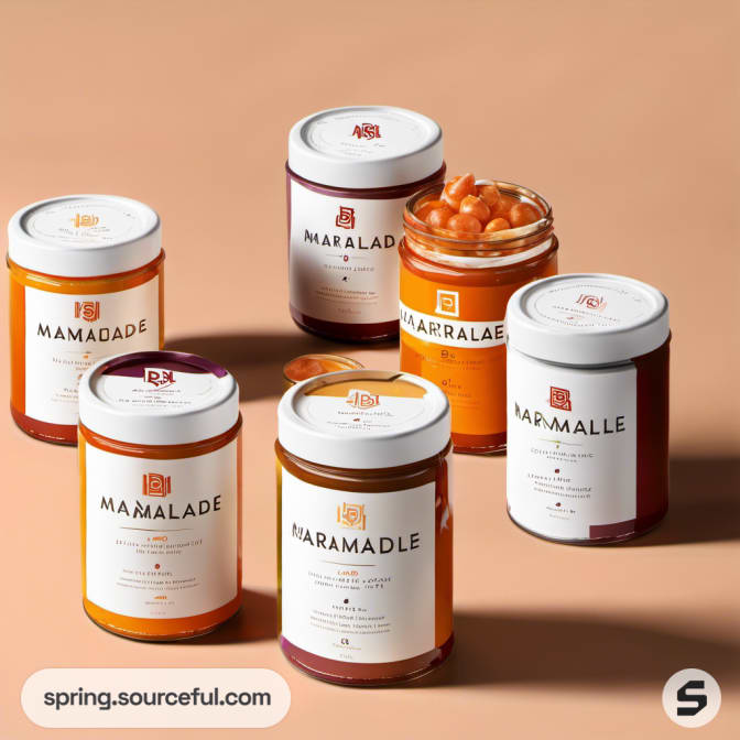 Collection of marmalade jars with white lids on a beige background.
