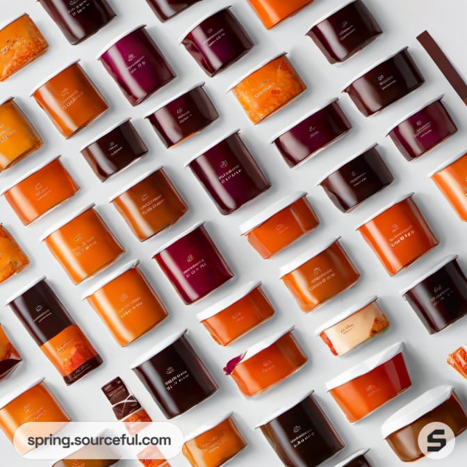Colorful variety of marmalade jars arranged diagonally on a light surface.