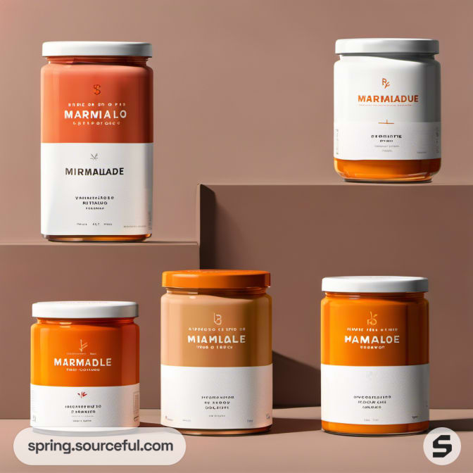 Assorted large and small marmalade jars with simple labels on a brown background.