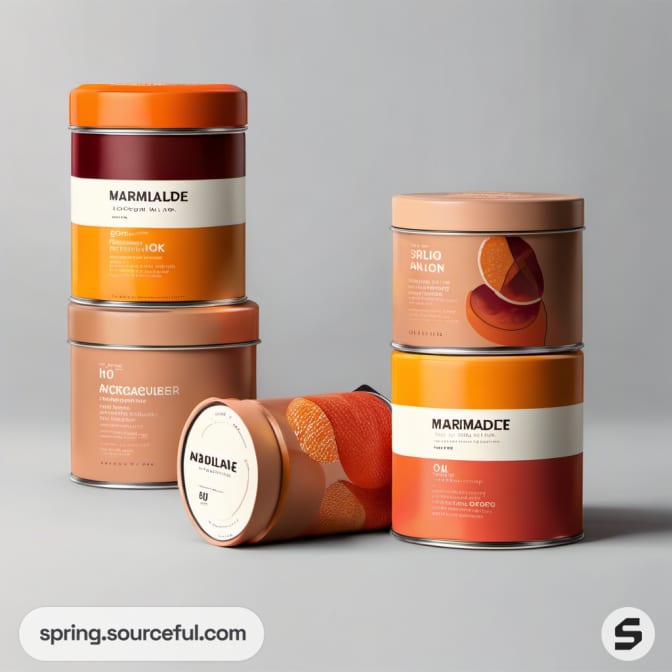 Marmalade tins and jars in various orange hues on a grey background.